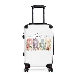 Just Pray Floral Hardshell Spinner Suitcase TSA Lock Carry-On Luggage White/Blk